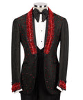 Black tuxedo jacket with red stone-embroidered lapels, bow tie, and vest set