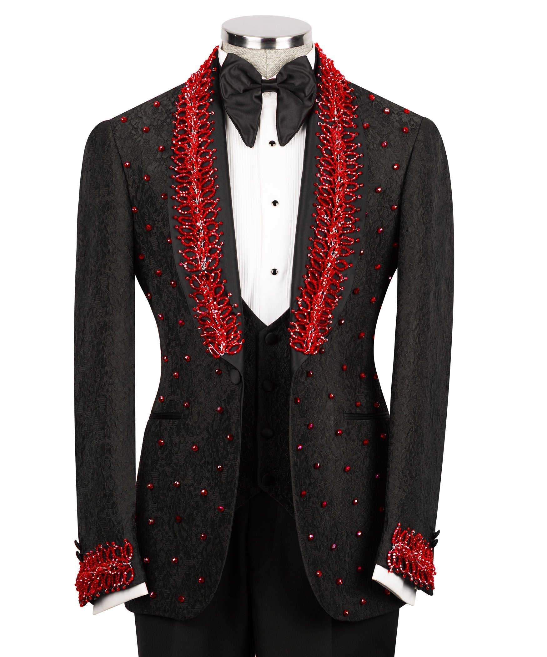 Black tuxedo jacket with red stone-embroidered lapels, bow tie, and vest set