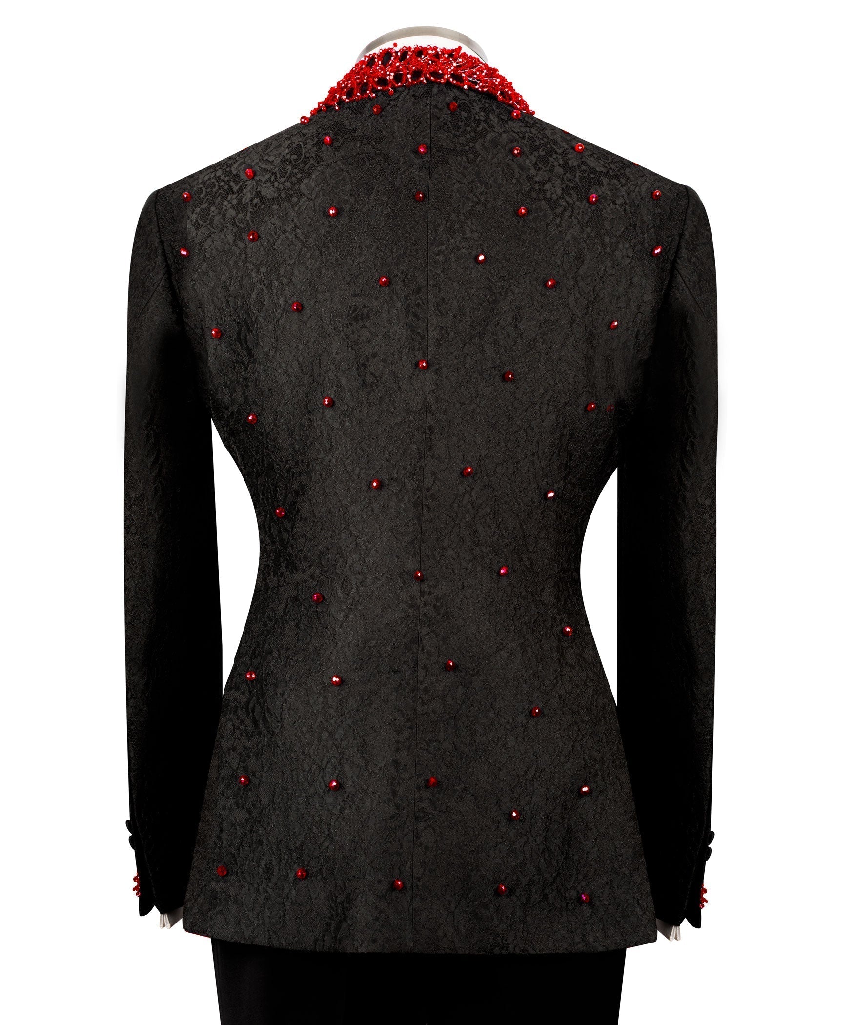 Black tuxedo jacket back with red stone dots, fitted waist, and long sleeves