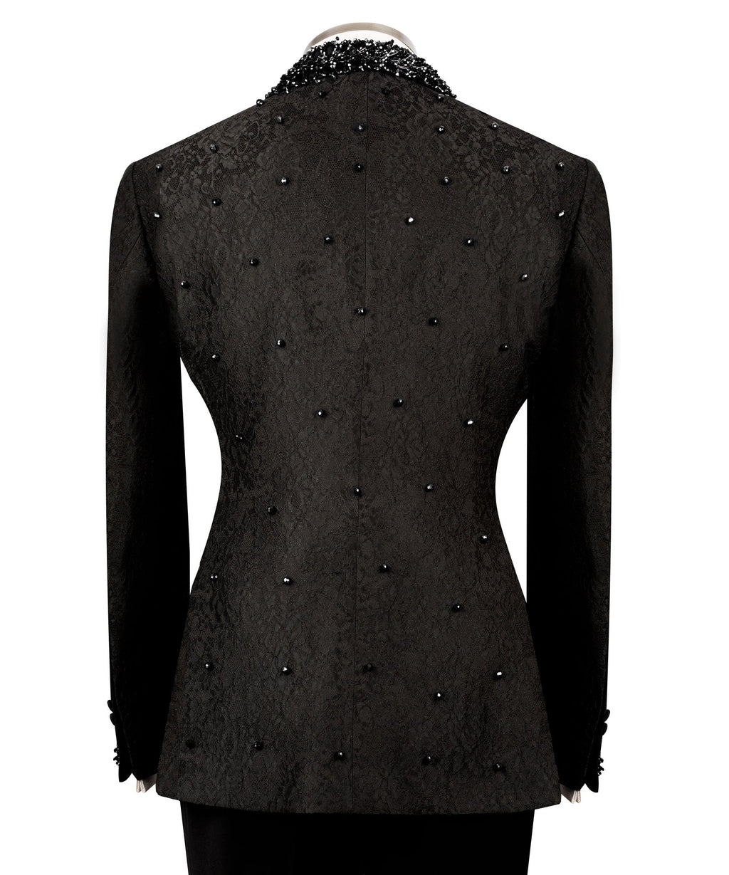 Black embroidered tuxedo jacket back view with scattered bead-like details