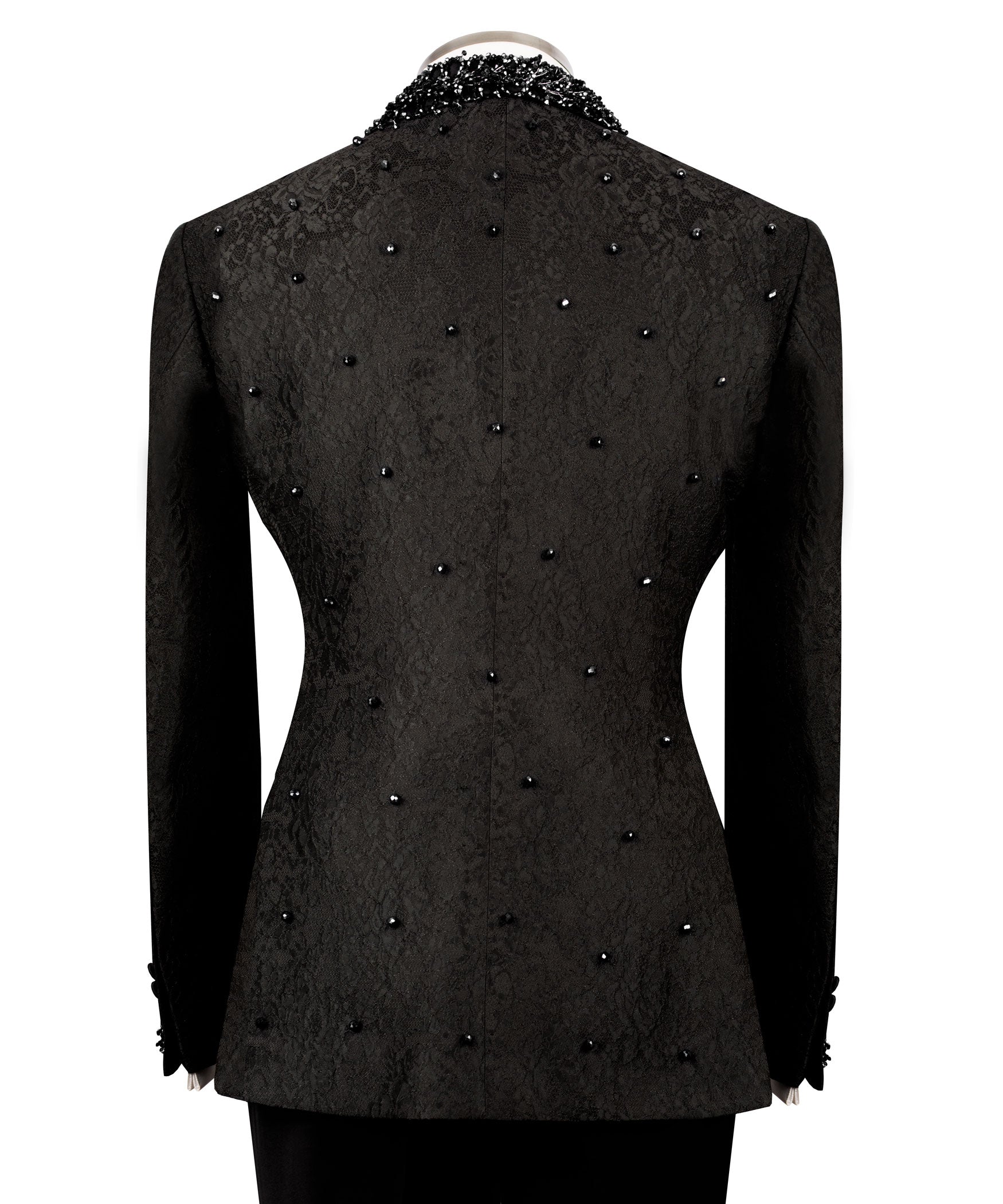 Black embroidered tuxedo jacket back view with scattered bead-like details