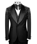 Black tuxedo 3-piece set: satin bow tie, vest, dotted-jacquard jacket lapels