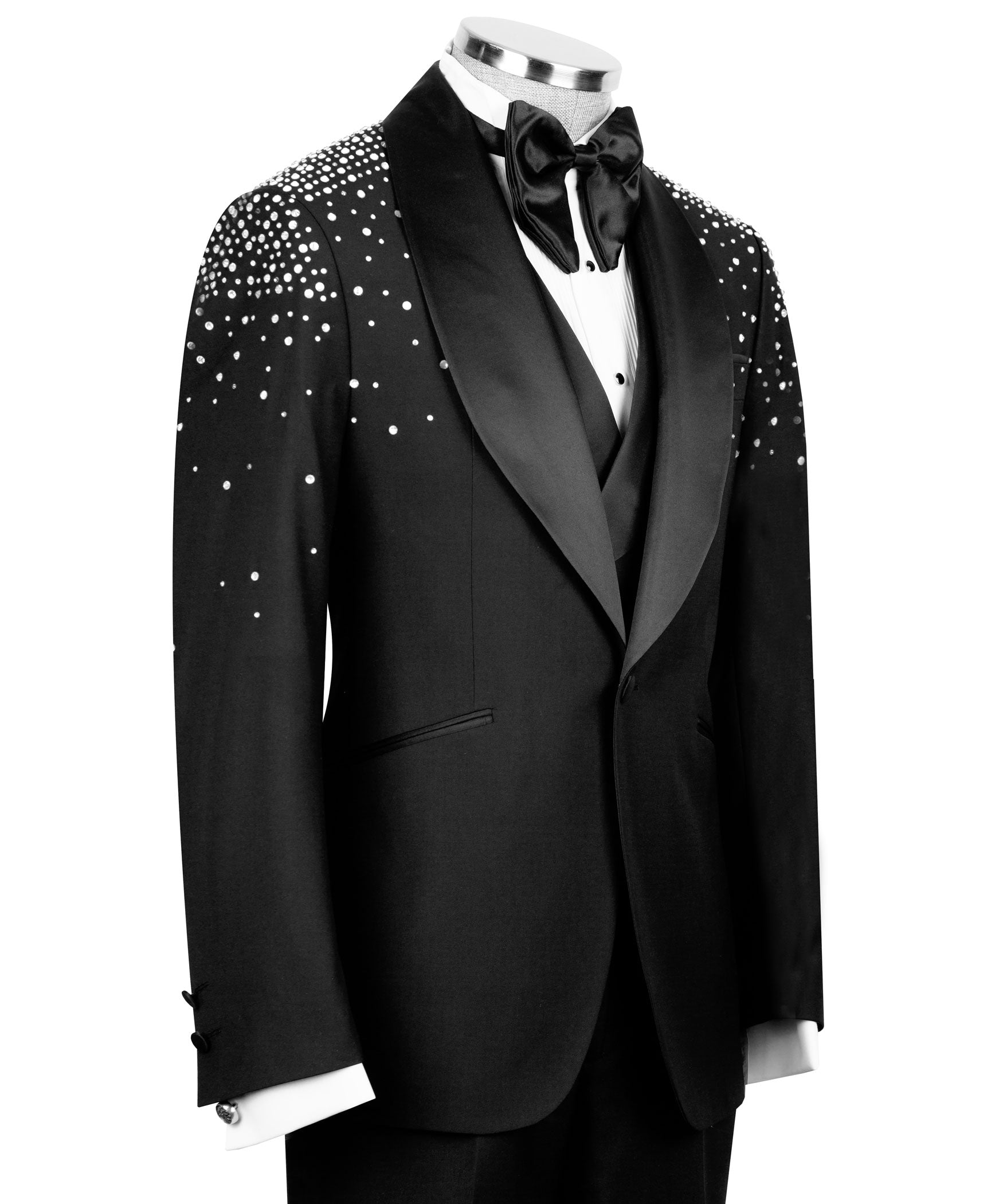 Black tuxedo 3-piece set, side view: satin bow tie and studded dotted jacket