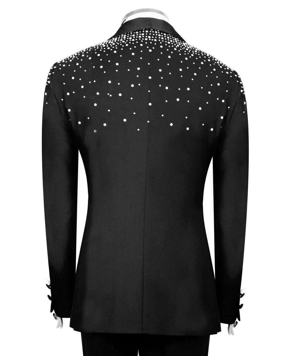 Black tuxedo jacket back view with studded dotted shoulders and vented hem