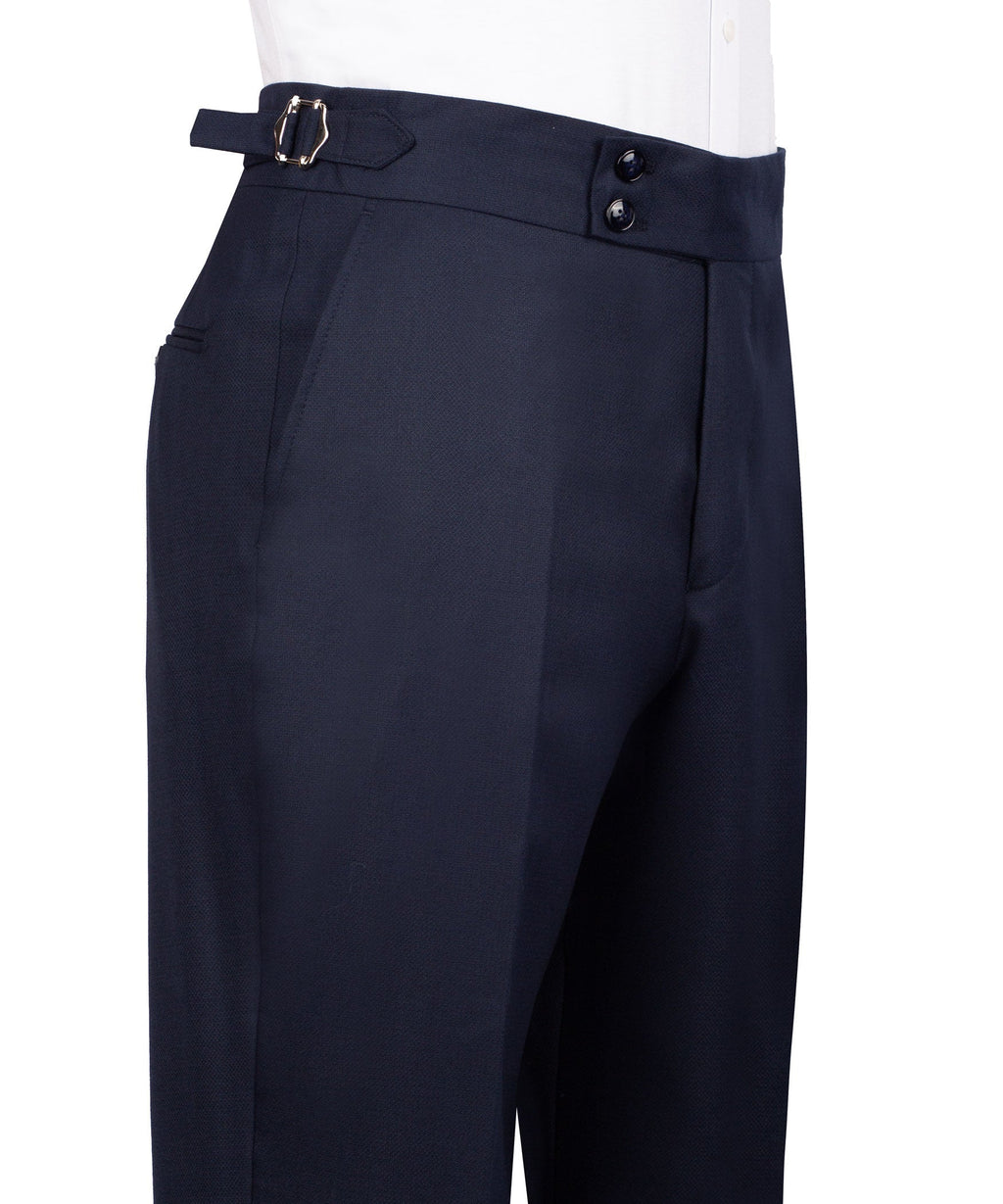 Navy dress suit pants with waistband tabs and front pleat
