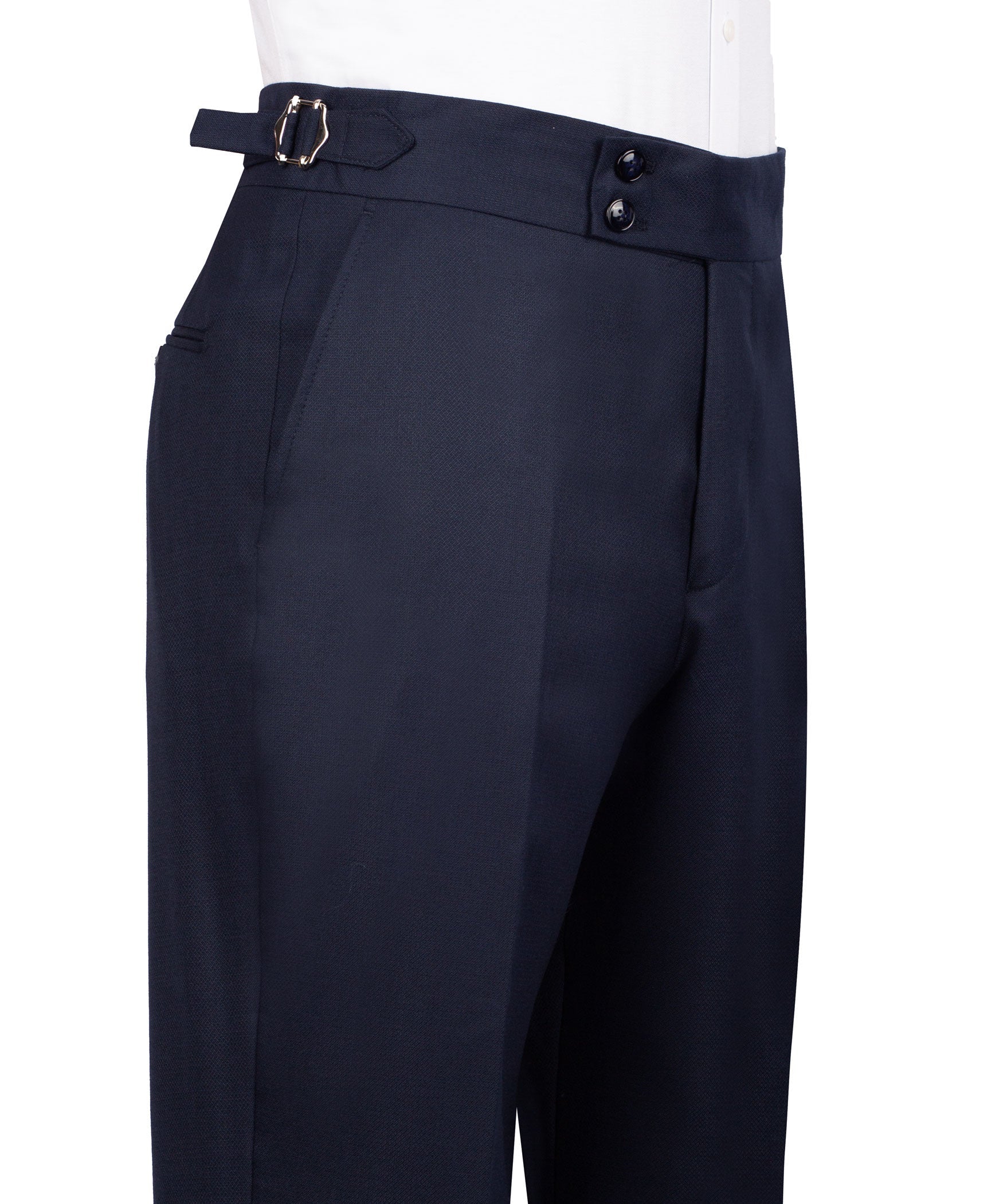 Navy dress suit pants with waistband tabs and front pleat