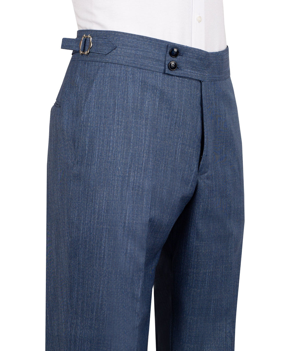 Blue suit trousers with belt loops, pleated front, and black button closure