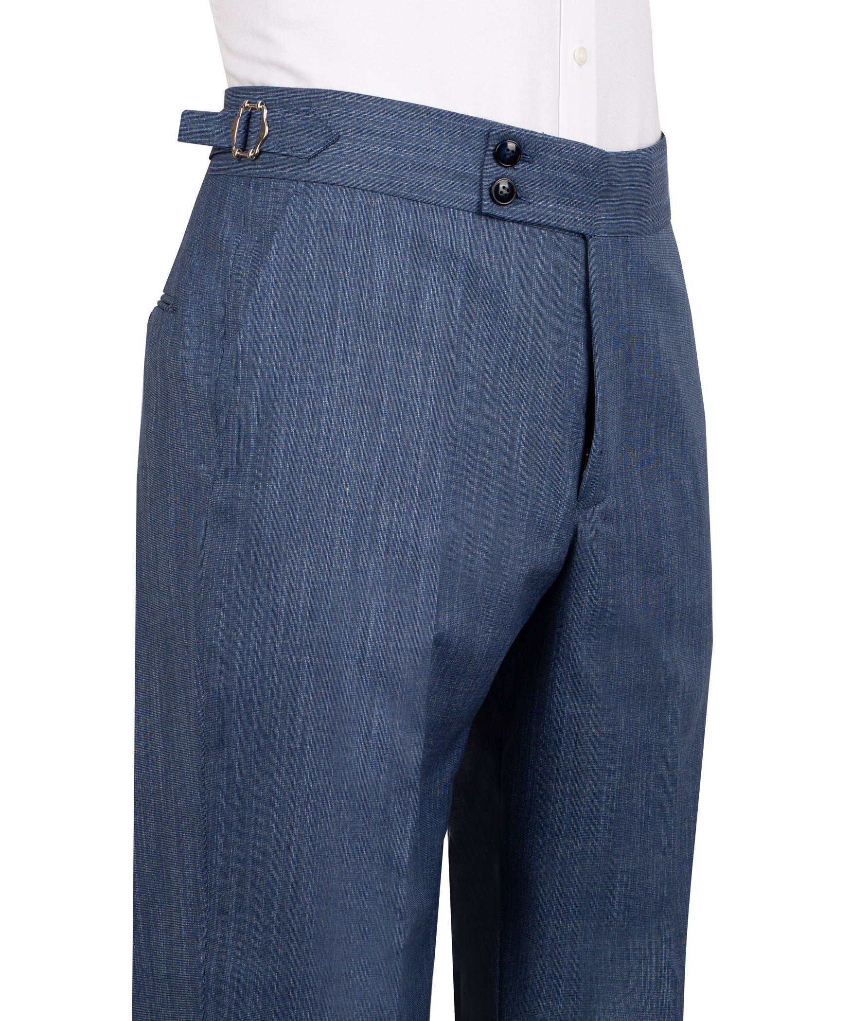 Blue suit trousers with belt loops, pleated front, and black button closure