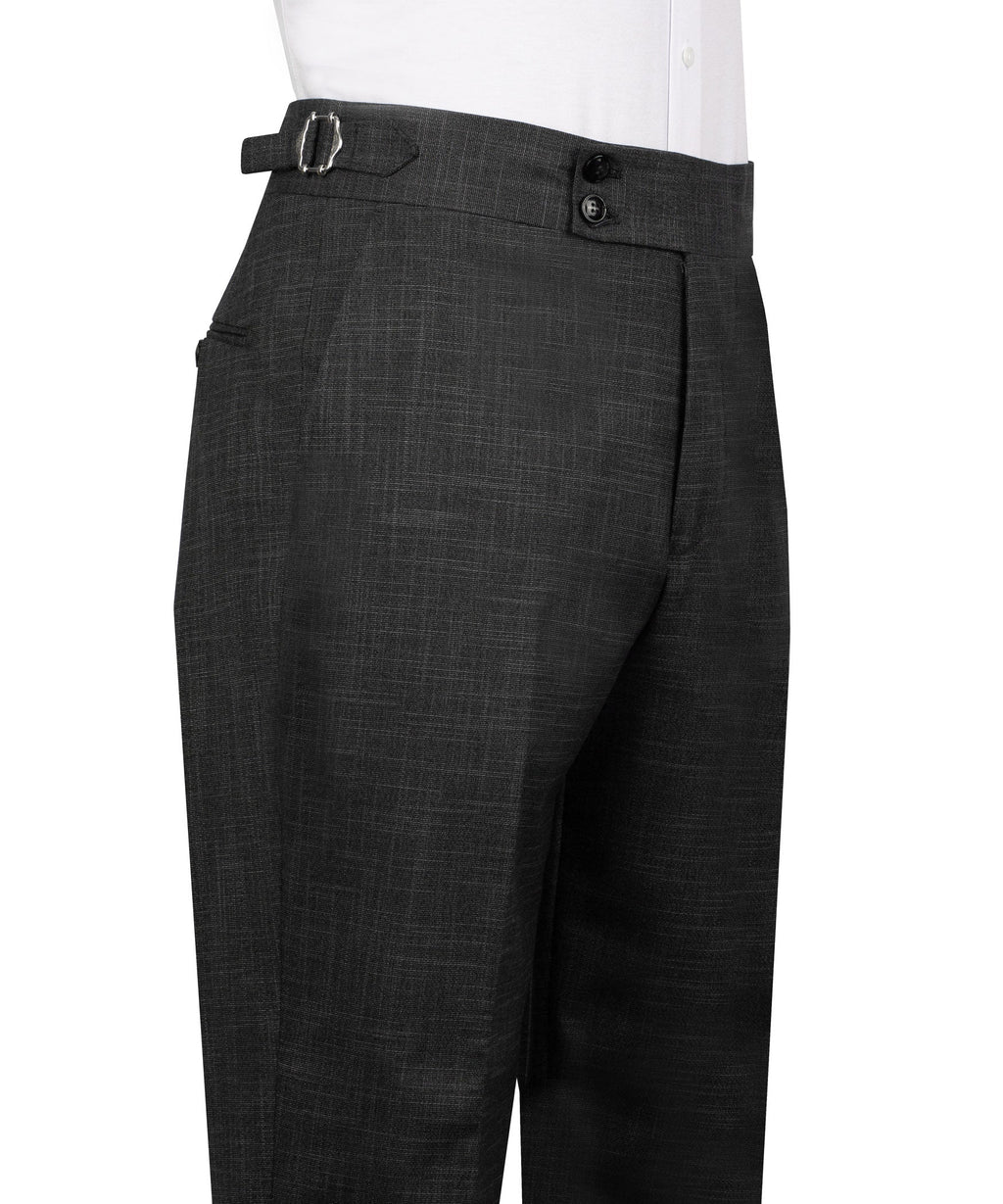 Dark gray plaid suit trousers with waistband, belt loops, and front button closure