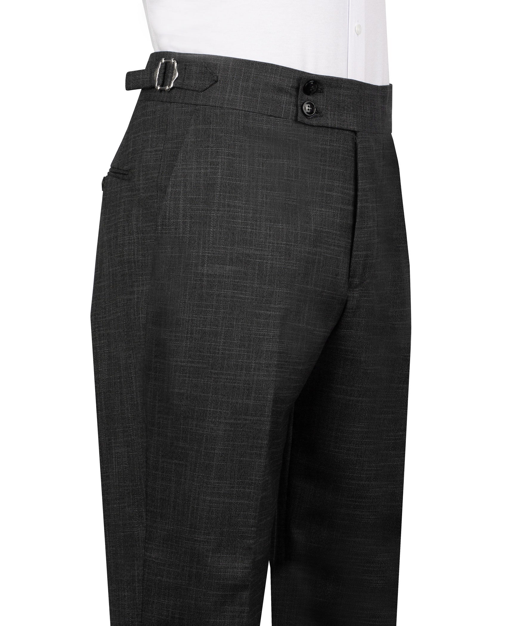 Dark gray plaid suit trousers with waistband, belt loops, and front button closure
