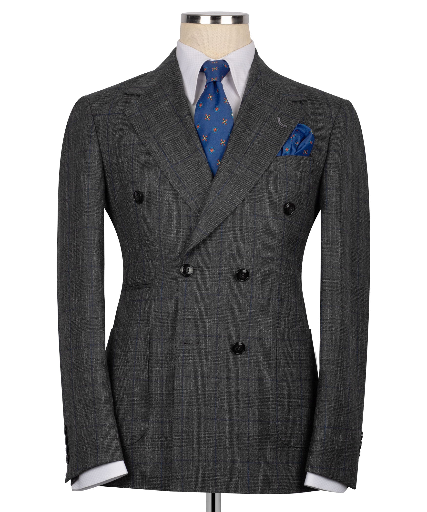 Dark gray plaid double-breasted suit jacket, black buttons, blue tie and pocket square