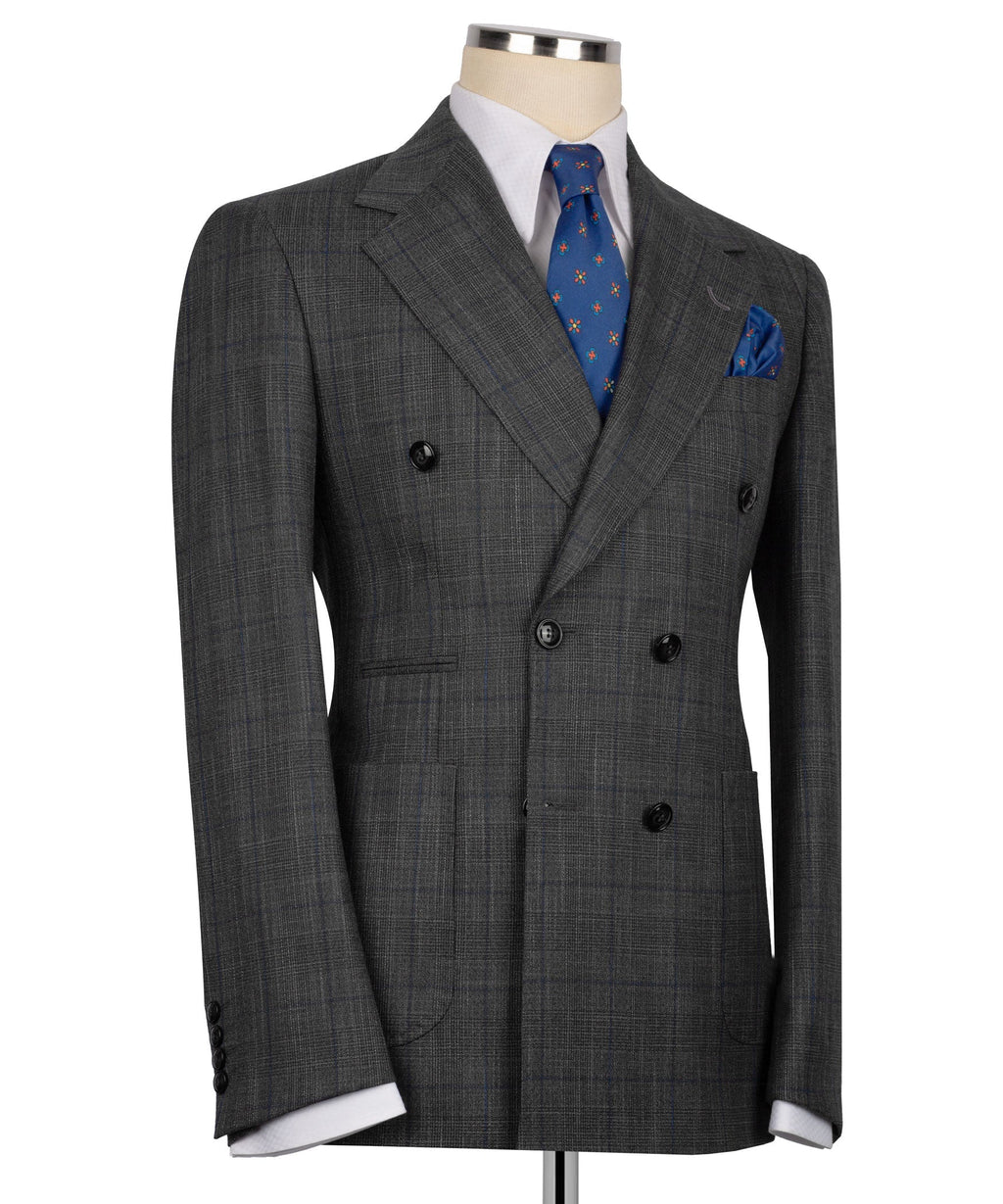 Dark gray plaid double-breasted suit jacket with two-button front and side flap pockets