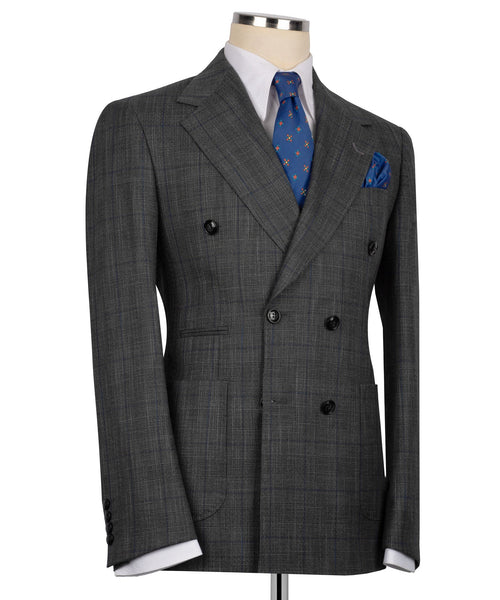 Dark gray plaid double-breasted suit jacket with two-button front and side flap pockets