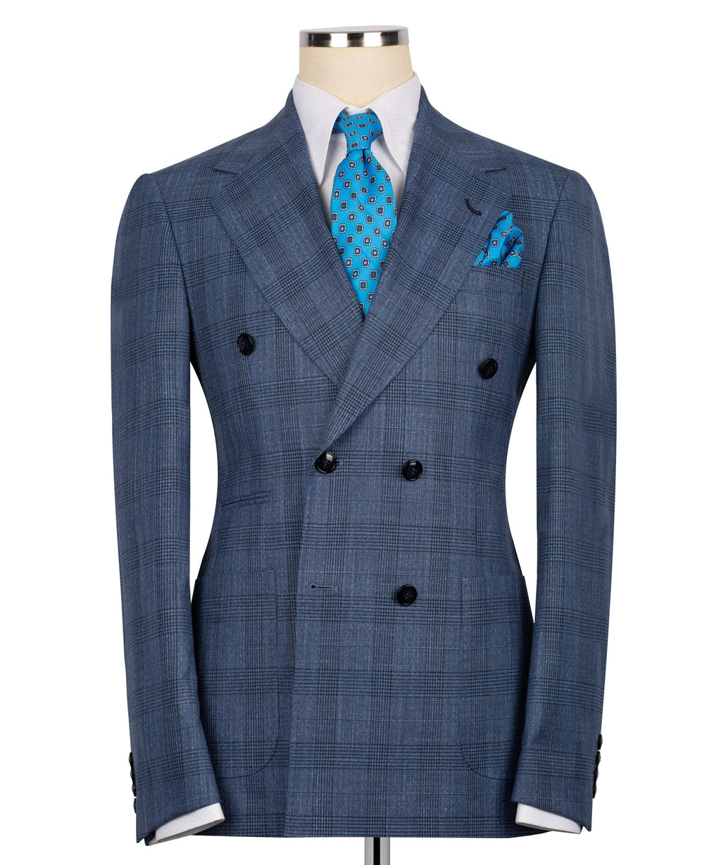 Blue plaid double-breasted suit jacket with peaked lapels and black buttons