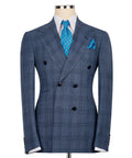 Blue plaid double-breasted suit jacket with peaked lapels and black buttons