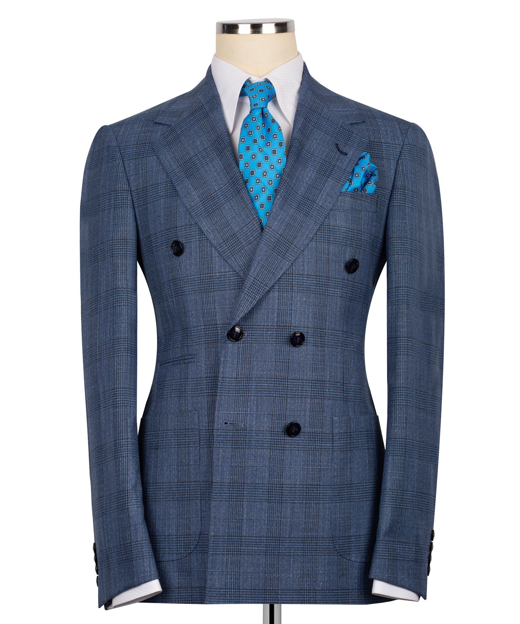 Blue plaid double-breasted suit jacket with peaked lapels and black buttons