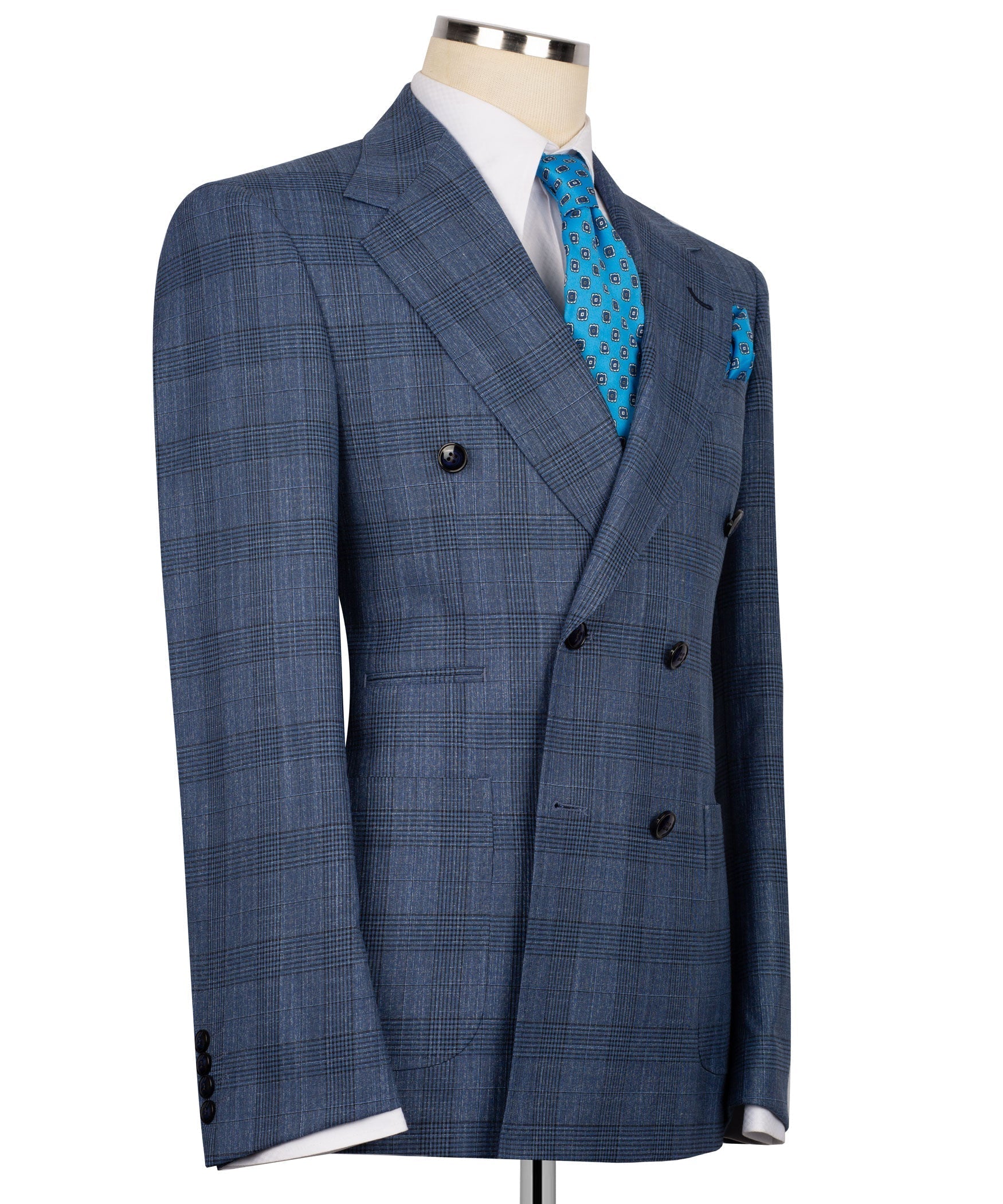 Blue plaid double-breasted suit jacket side view with chest pocket and black buttons