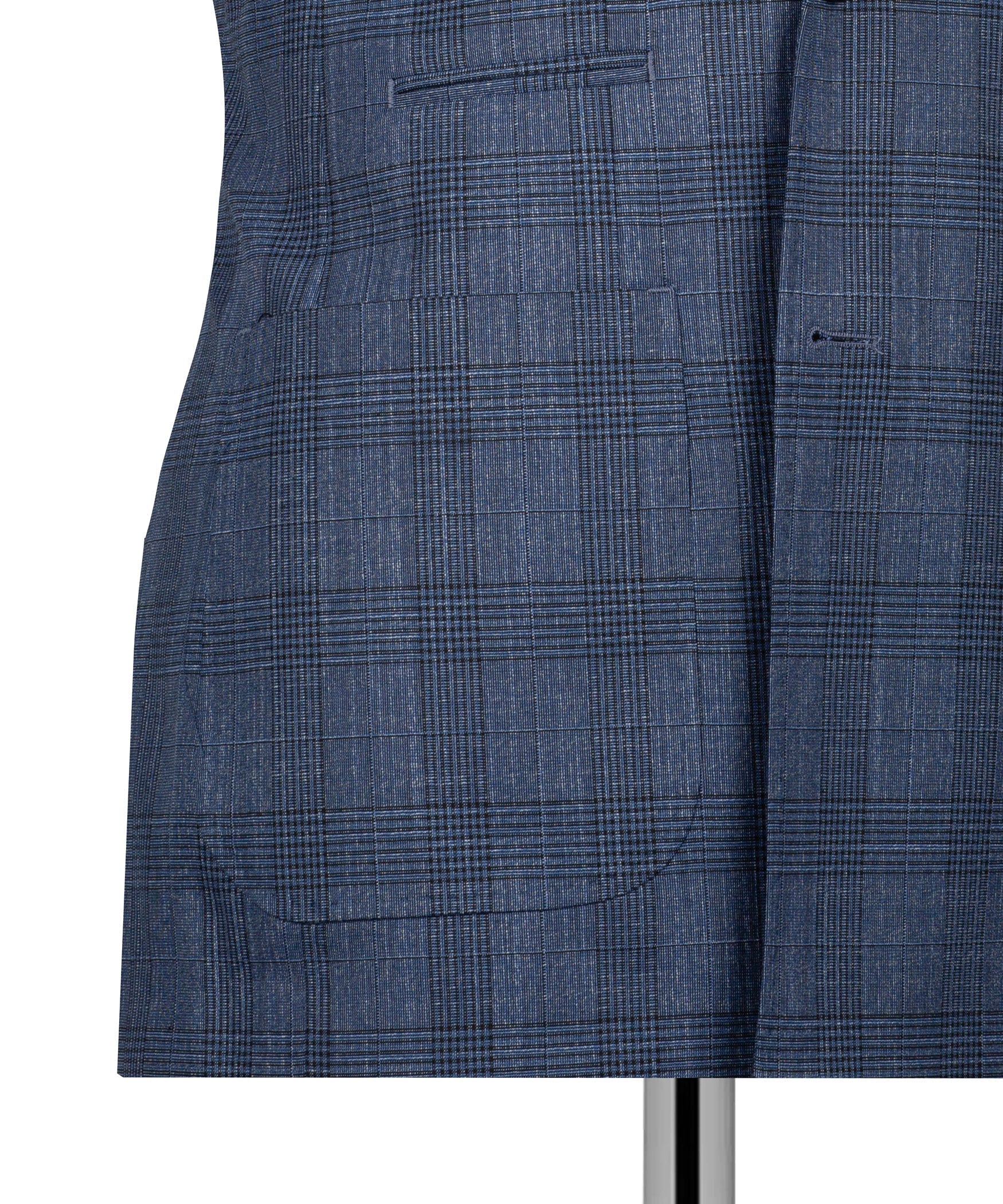 Blue plaid blazer close-up of lower pocket flap and hem stitching