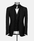 Black glitter tuxedo jacket with satin lapels and black bow tie