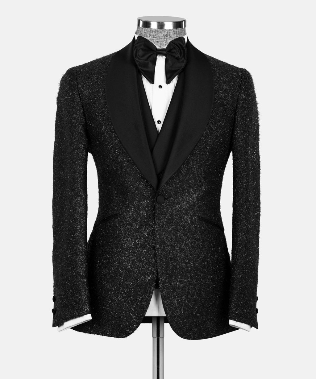 Black glitter tuxedo jacket with bow tie and vest, centered front view