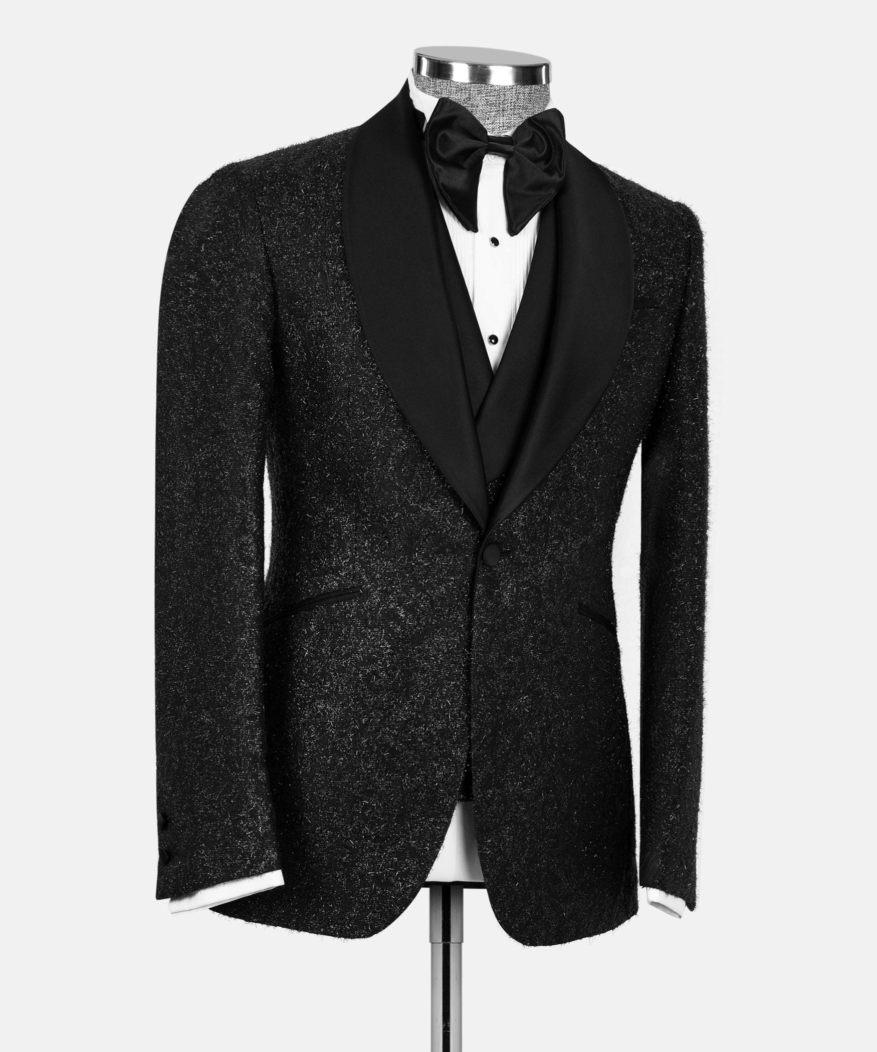 Black glitter tuxedo jacket with bow tie; single-breasted front on mannequin