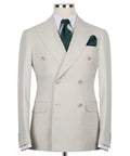 Beige double-breasted blazer with notch lapels, four-button front and pocket square