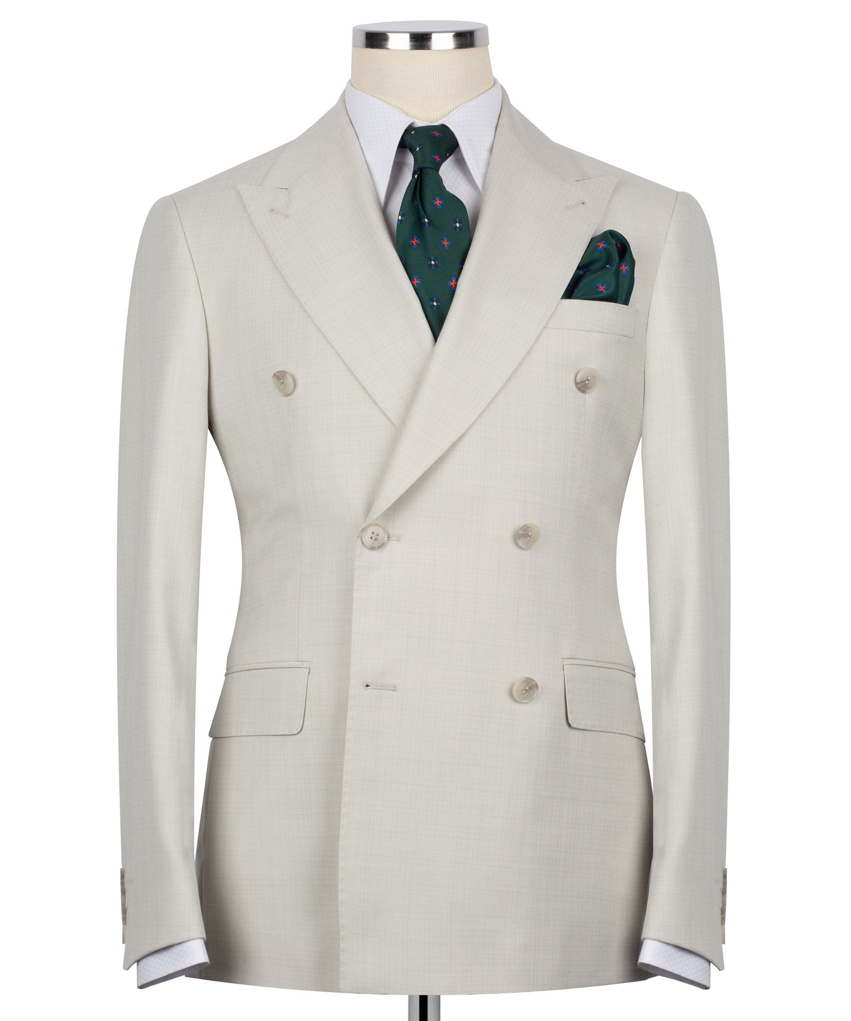 Beige double-breasted blazer with notch lapels, four-button front and pocket square