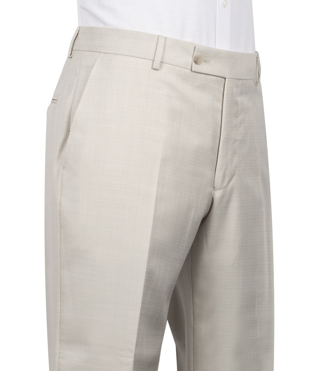 Beige dress trousers with belt loops, front pleat, and straight tapered leg