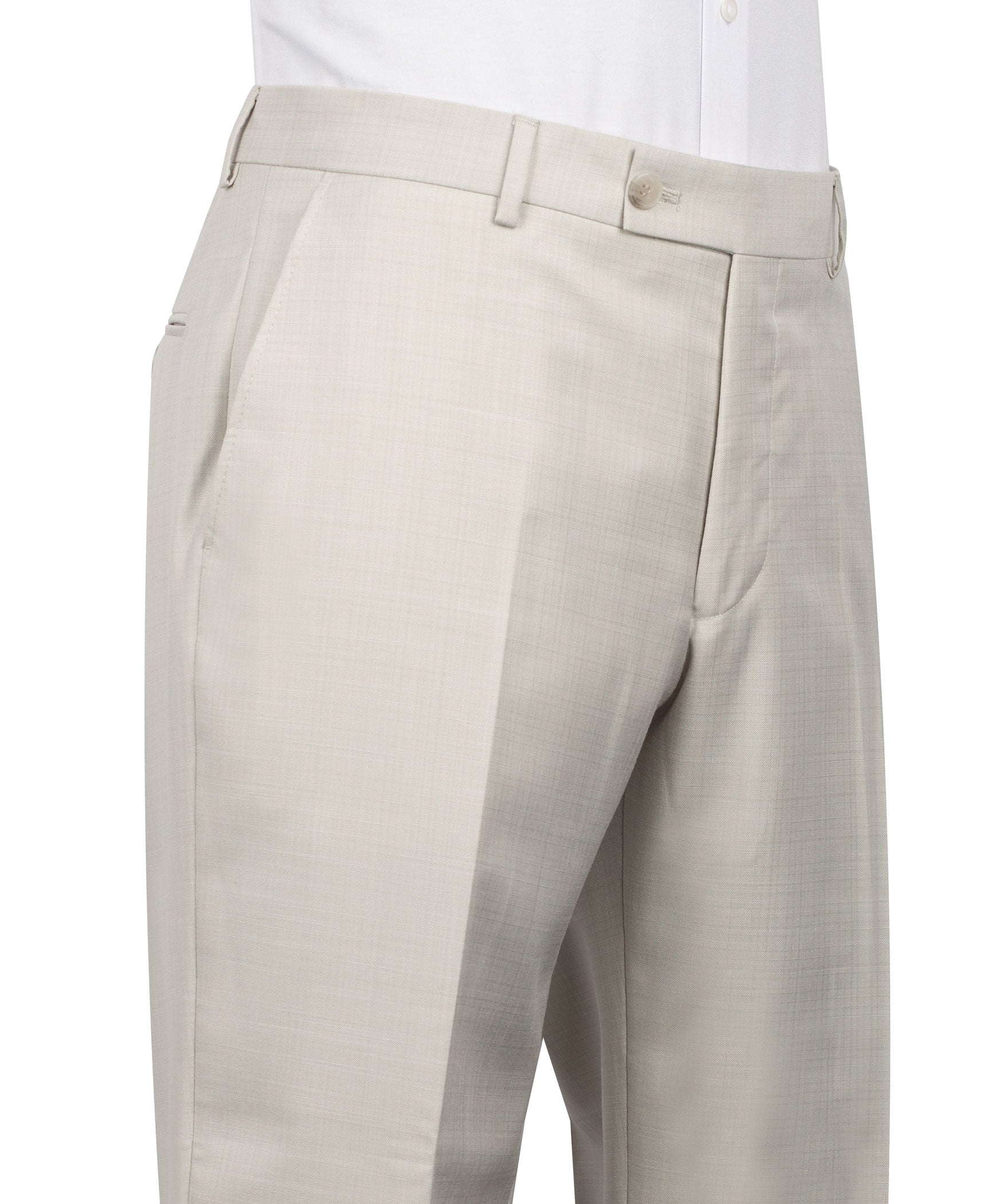 Beige dress trousers with belt loops, front pleat, and straight tapered leg