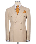 Light brown double-breasted blazer with notch lapels, flap pockets, and two-button front