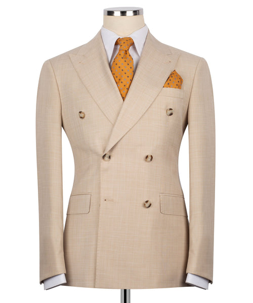 Light brown double-breasted blazer with notch lapels, flap pockets, and two-button front