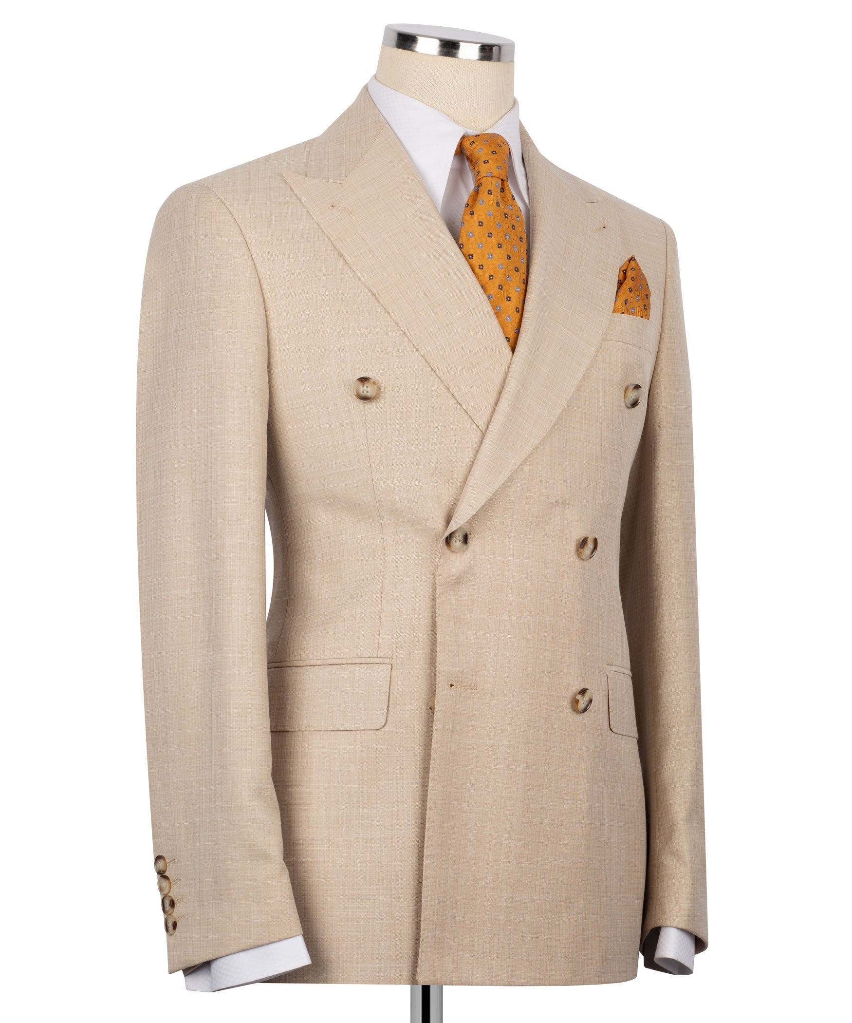 Light brown double-breasted blazer side view with pocket flaps and center buttons