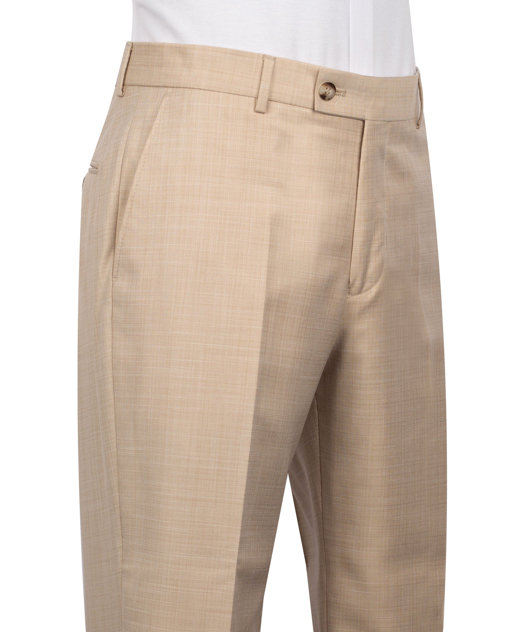 Light brown dress trousers with belt loops, front crease, and button-zip closure