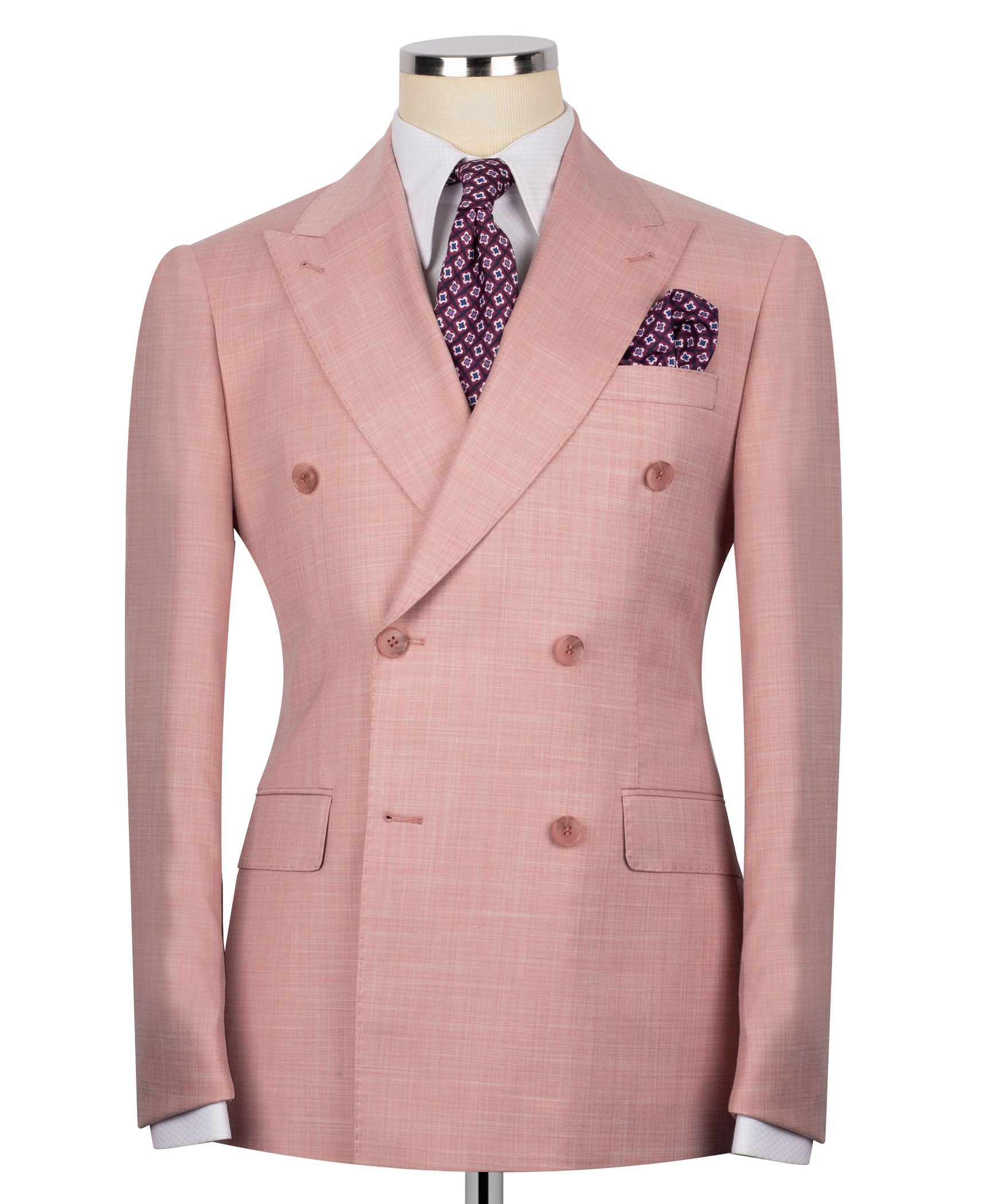 Light pink double-breasted suit jacket with notch lapels and flap pockets