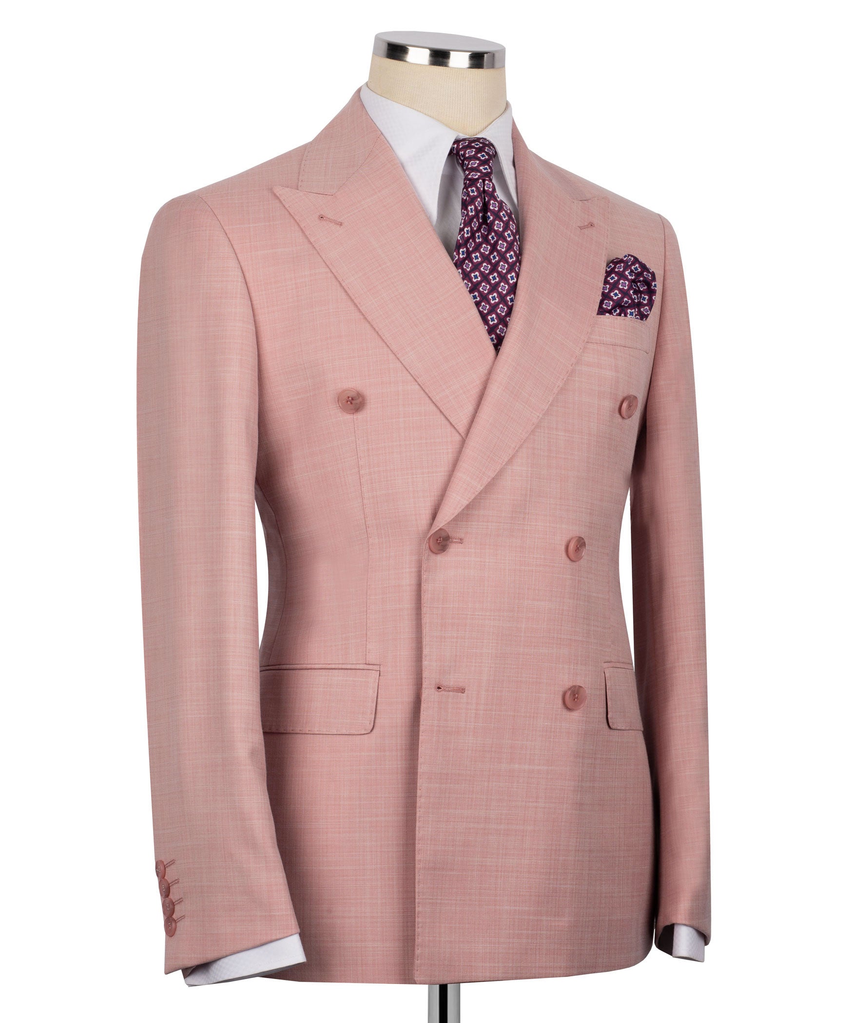 Light pink suit jacket front view, double-breasted with patterned tie and pocket square