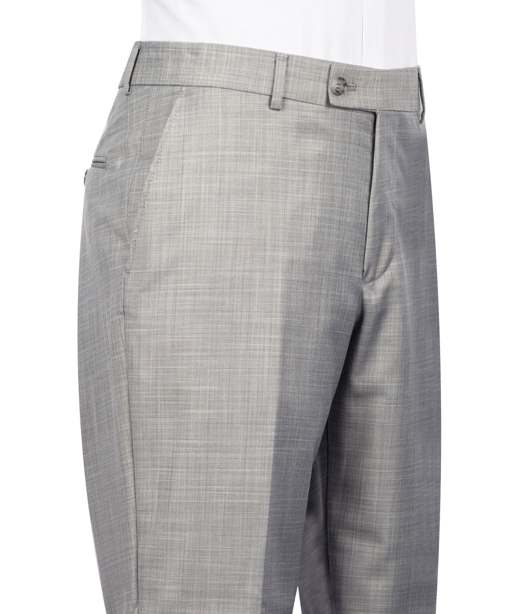 Gray suit trousers with belt loops, front pleats, and button closure