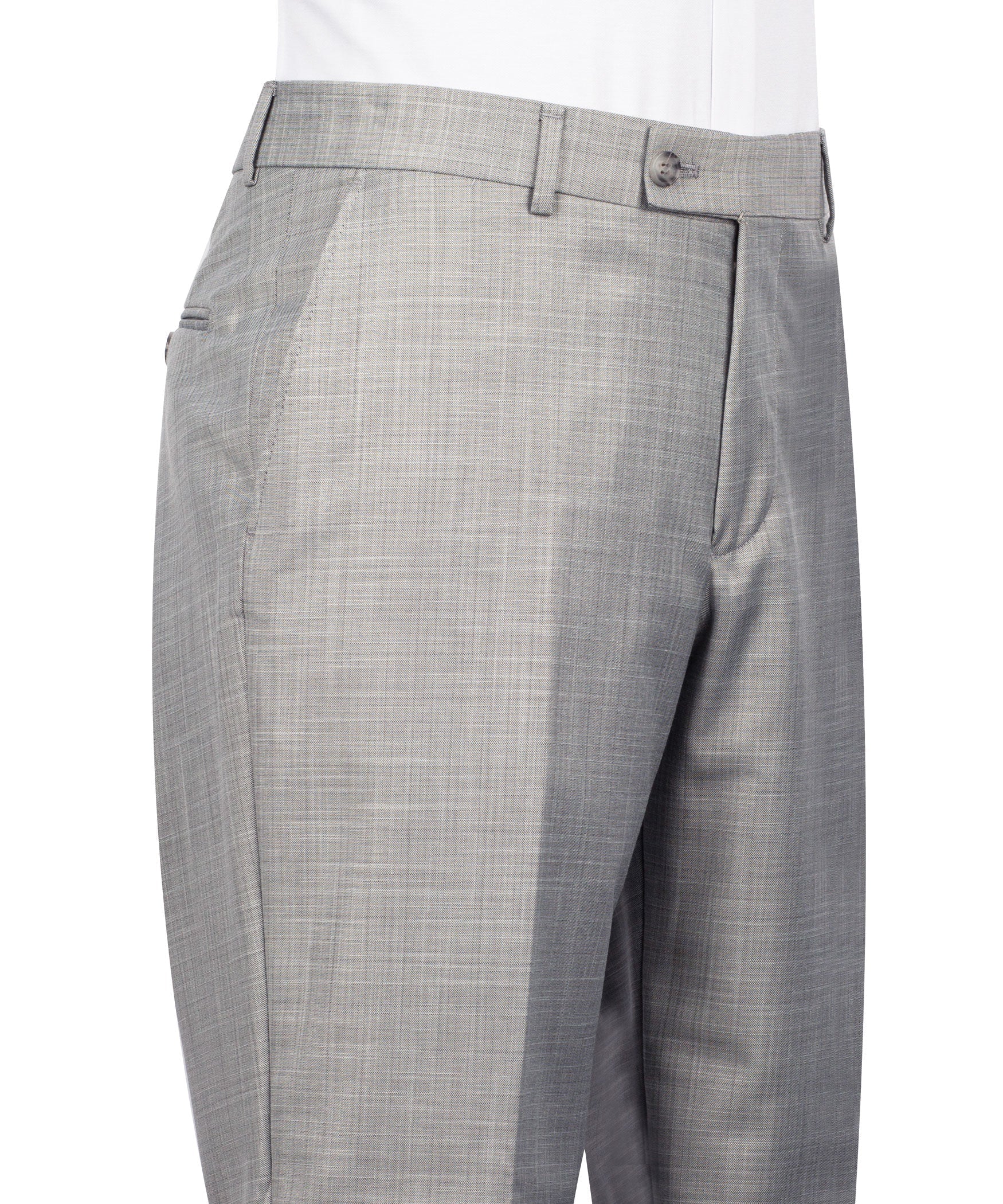 Gray suit trousers with belt loops, front pleats, and button closure