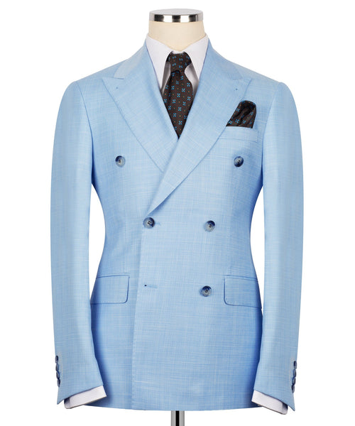 Light blue double-breasted suit jacket with notch lapels, flap pockets, and dark tie