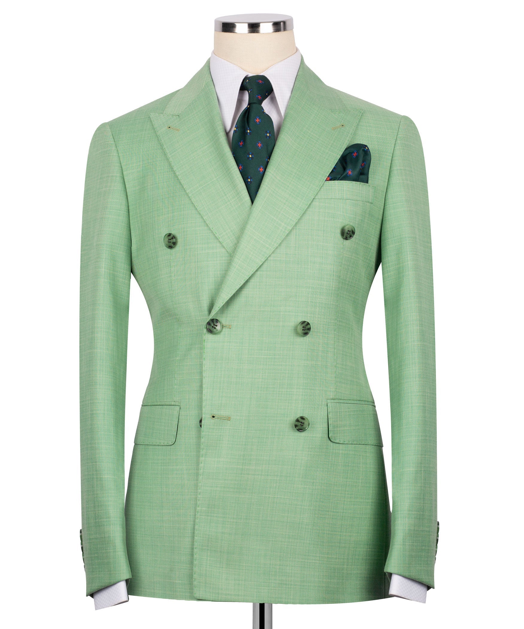 Light green double-breasted suit jacket with notched lapels and four-button front