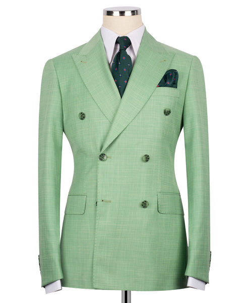 Light green double-breasted suit jacket with notched lapels and four-button front
