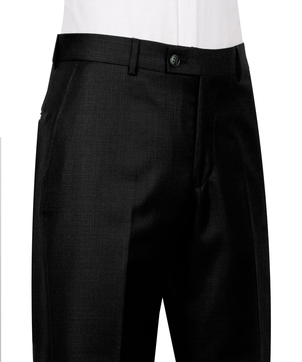Black suit trousers with belt loops and front button closure