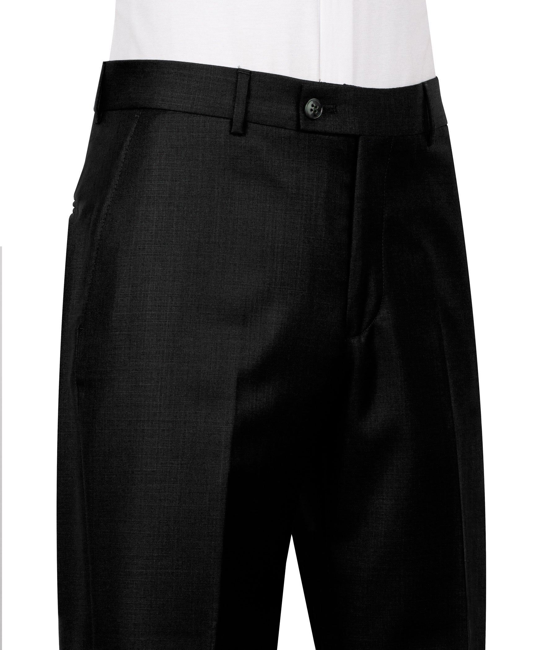 Black suit trousers with belt loops and front button closure
