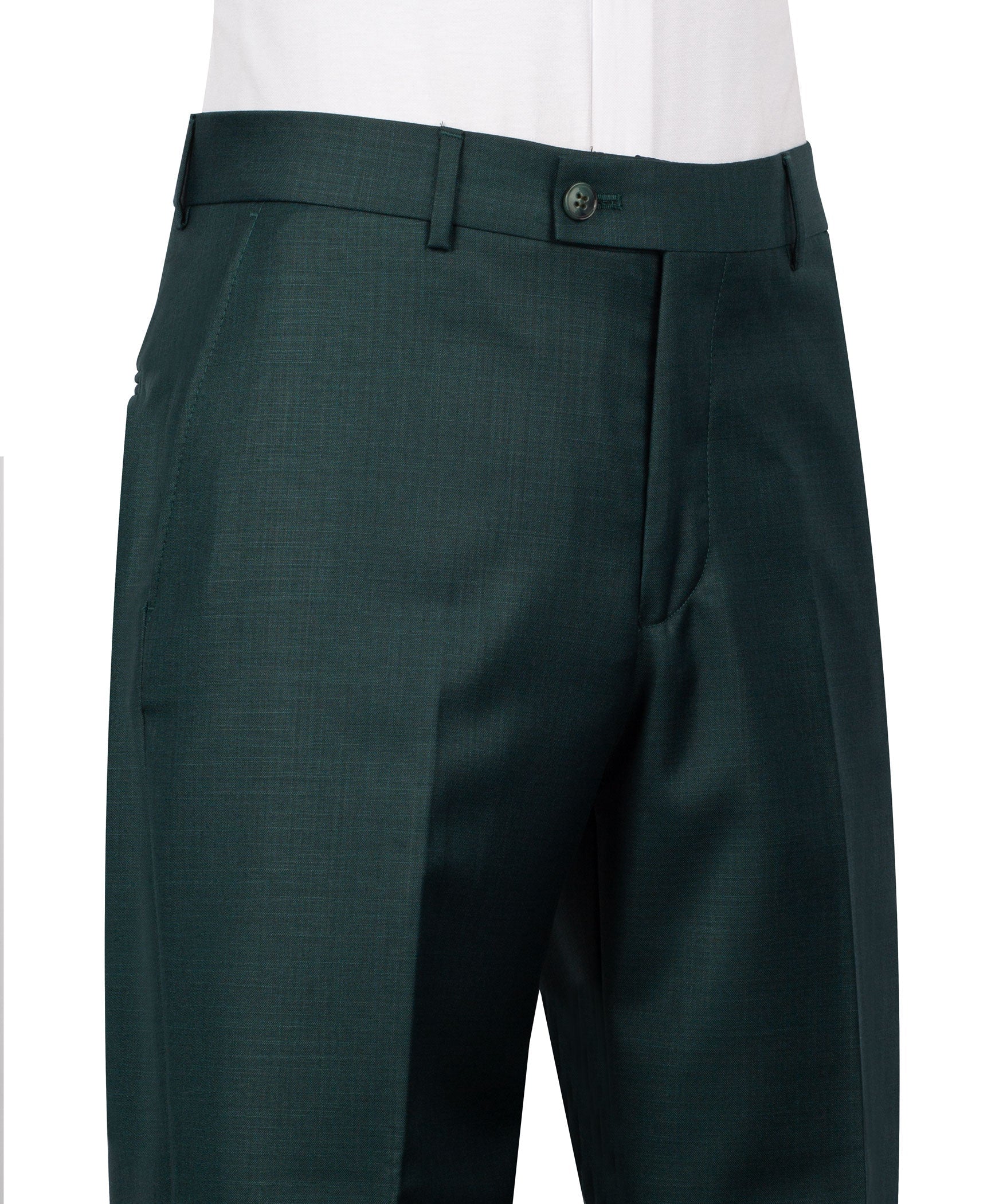 Green suit trousers with flat front, belt loops, and pressed crease