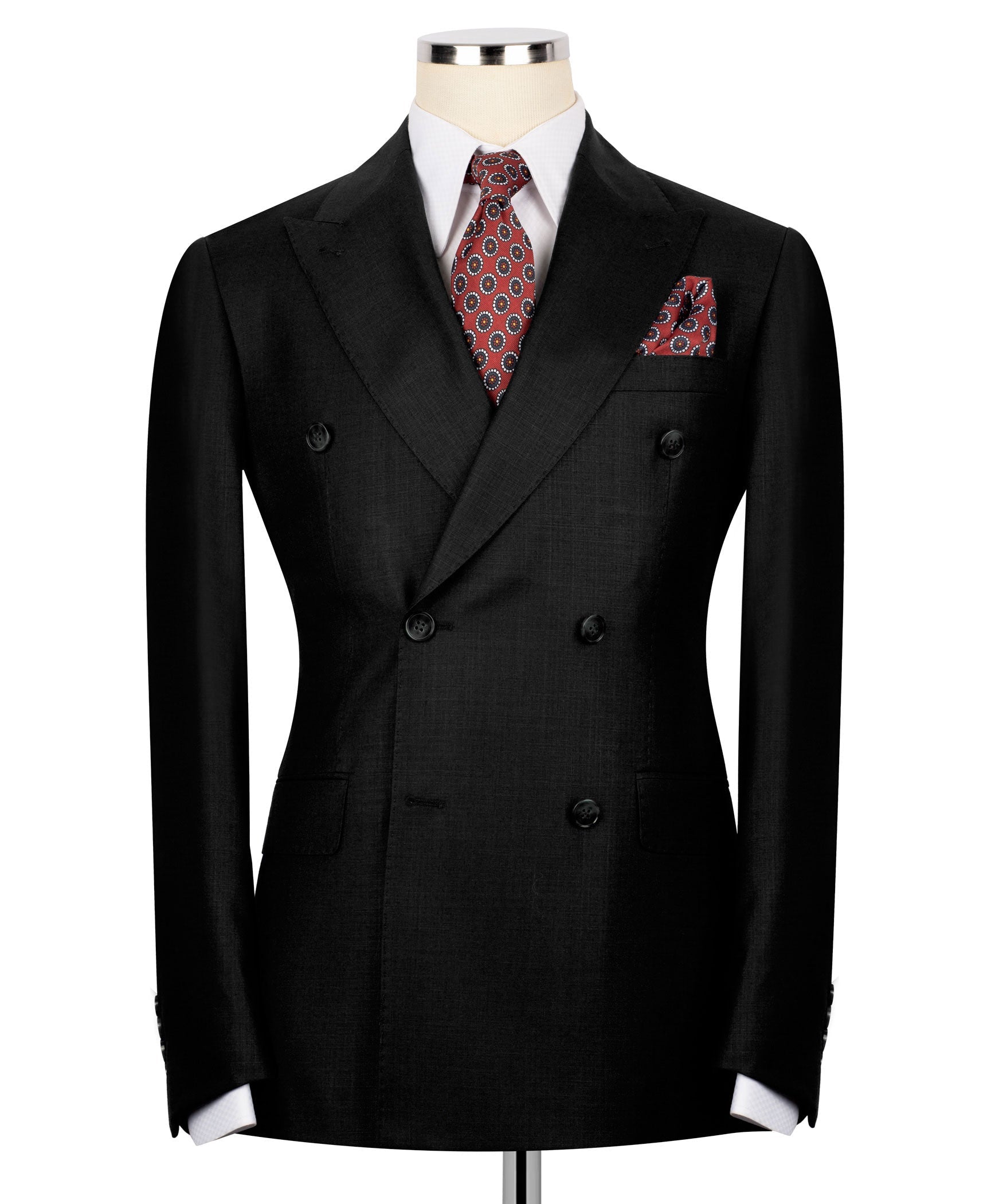 Black double-breasted blazer with patterned tie and red patterned pocket square