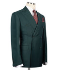 Forest green double-breasted suit jacket with two front buttons and flap pockets