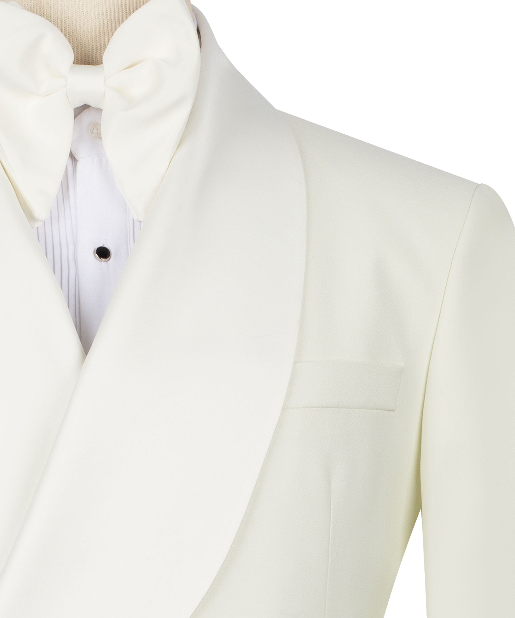Cream satin tuxedo lapel with bow tie and striped dress shirt, close-up