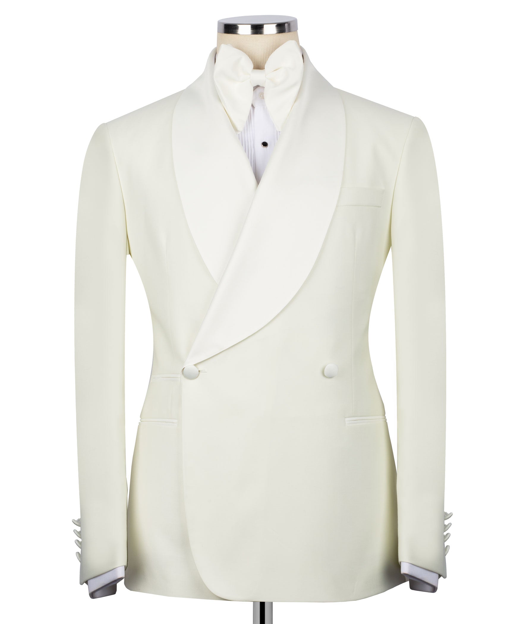 Cream tuxedo blazer with satin lapels, front buttons, and tailored double-breasted style