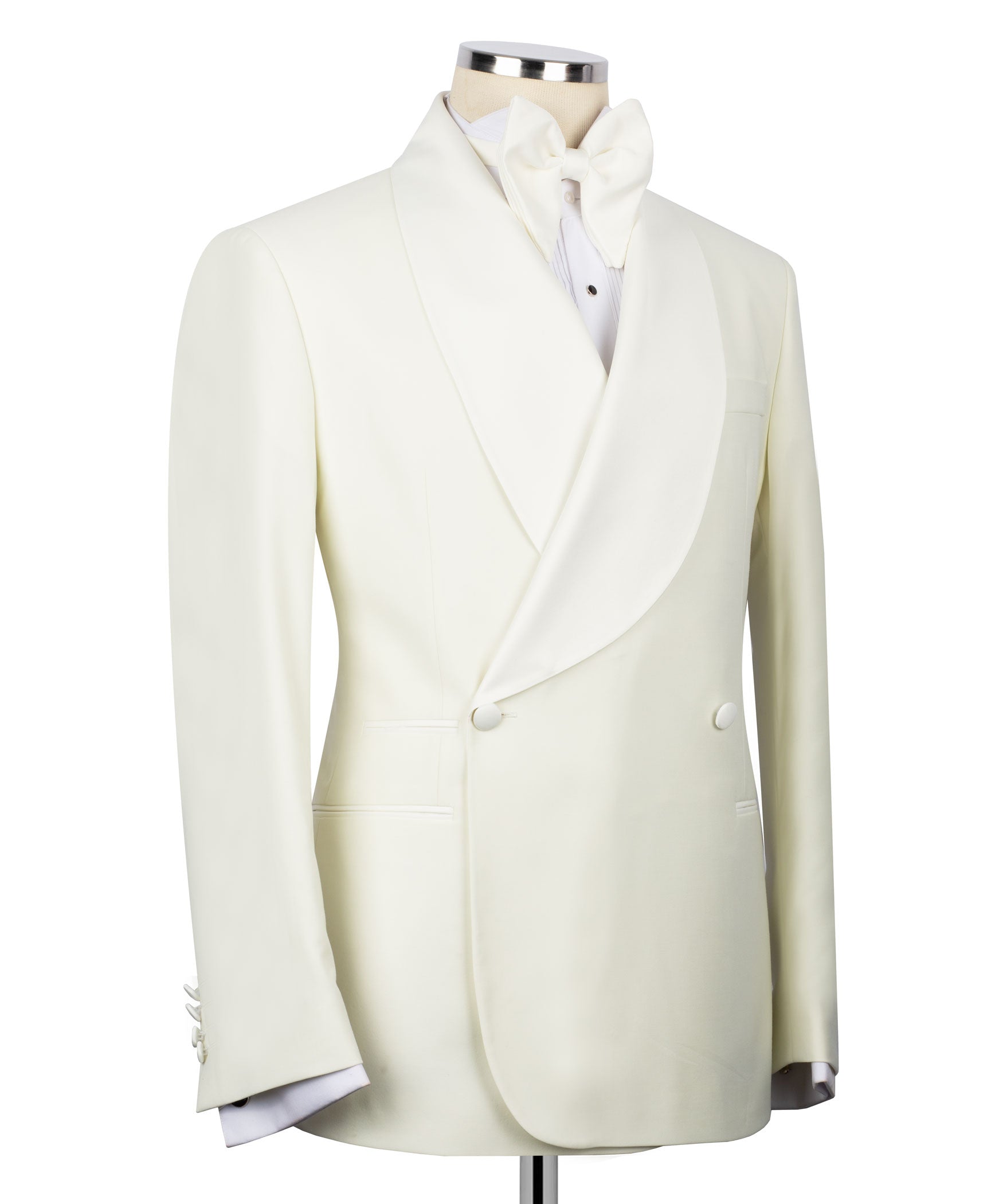 Cream tuxedo blazer with bow tie and satin lapels, side view