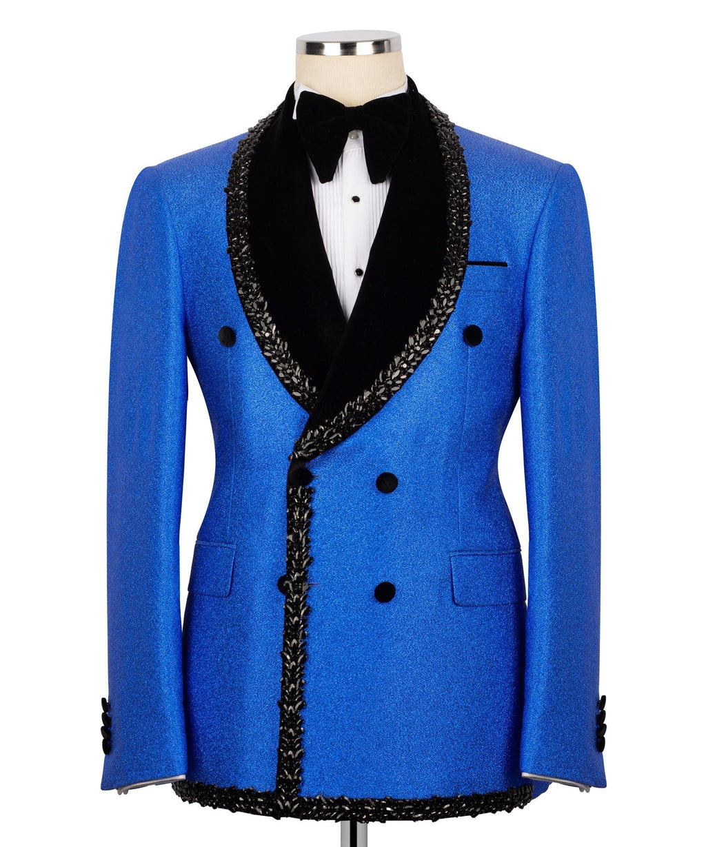 Blue tuxedo jacket with black velvet bow tie and stone-embroidered collar trim