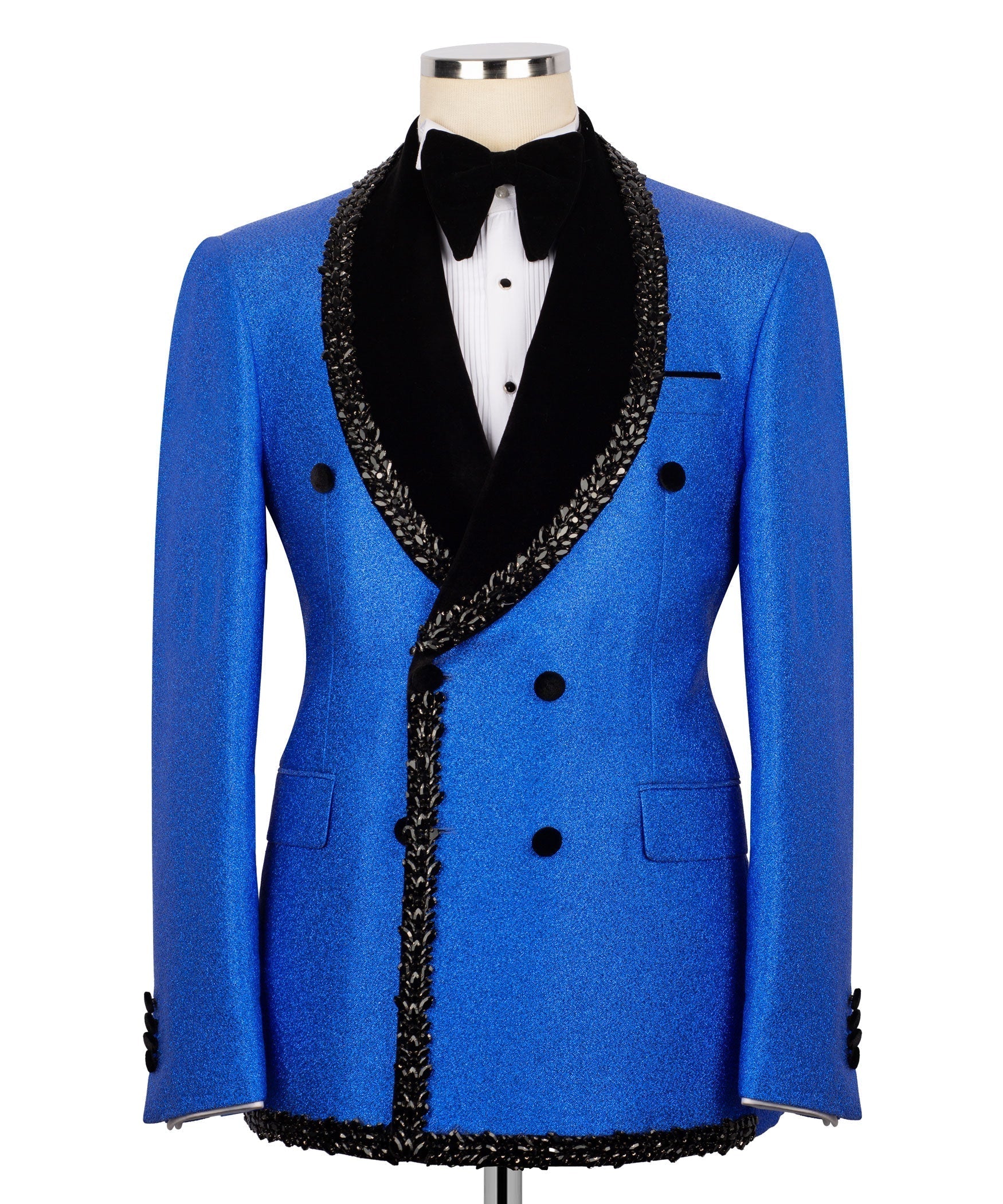 Blue tuxedo jacket with black velvet bow tie and stone-embroidered collar trim
